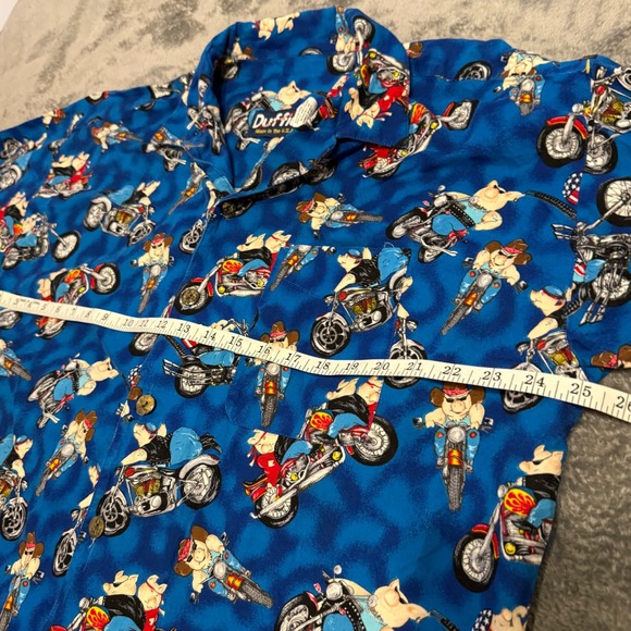 Duffies Men's Americana Shirt XL Blue Hogs on Hogs Motorcycles Button Up - Picture 6 of 6
